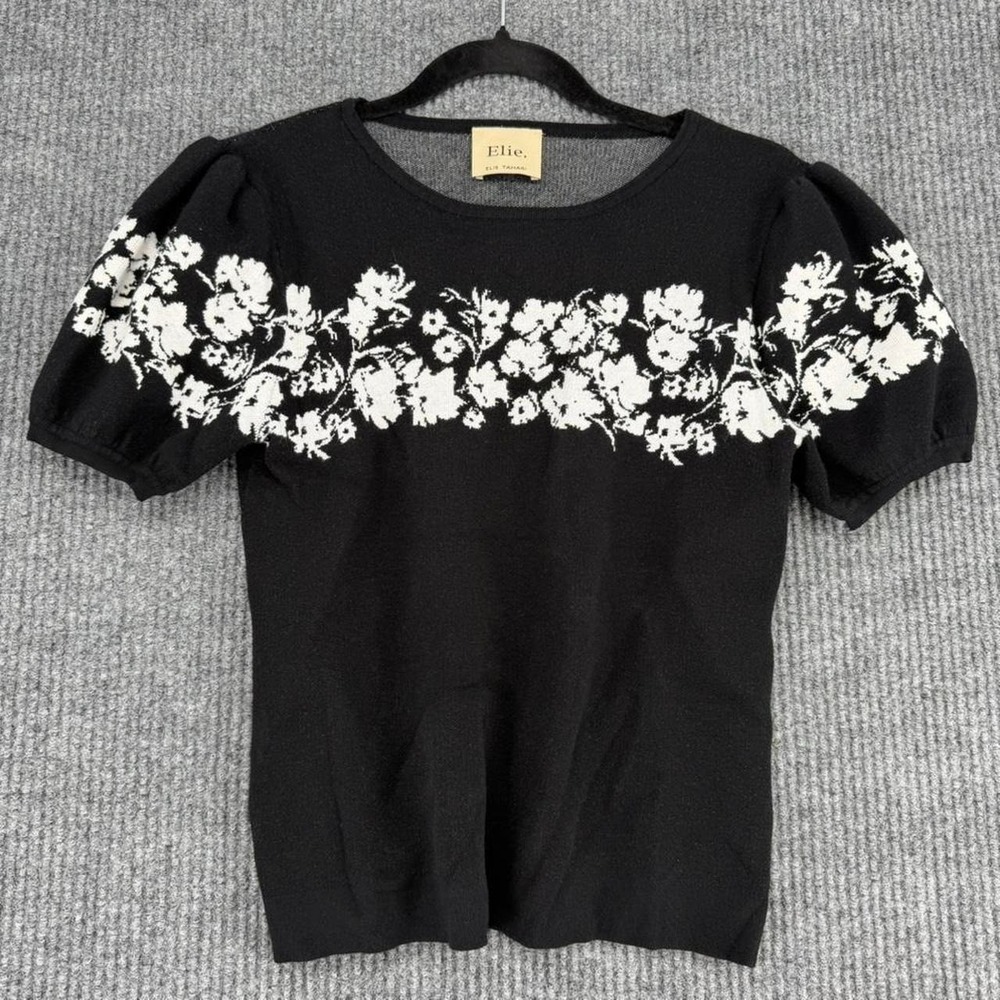 Elie Tahari sweater top women's size S black floral puff sleeve knit